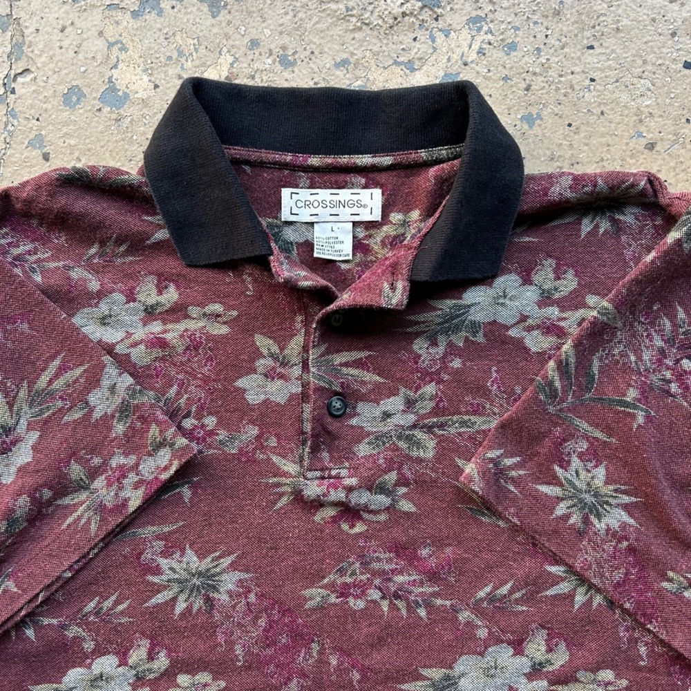 Vintage Crossings Mens Large Floral Golf Polo Shirt Burgundy Tapestry Cotton L